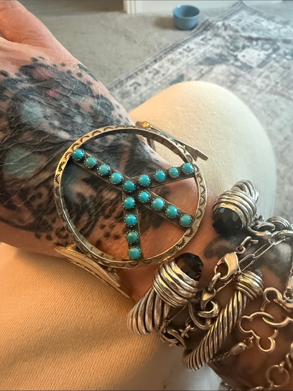 Turquoise Peace Sign Statement Cuff Bracelet